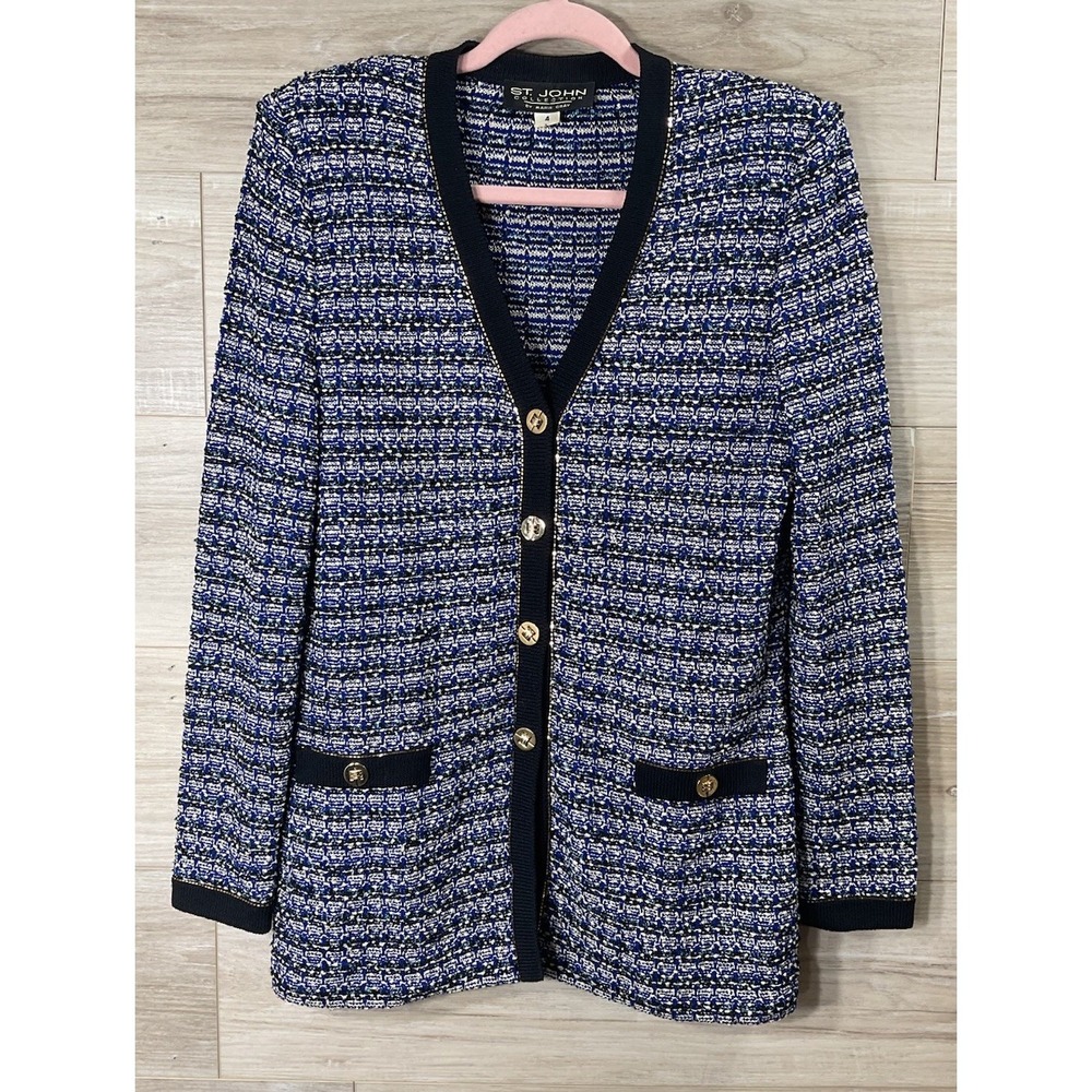 St John Womens Tweed Jacket Size 4 Boucle Knit Cardigan Blue Black Gold